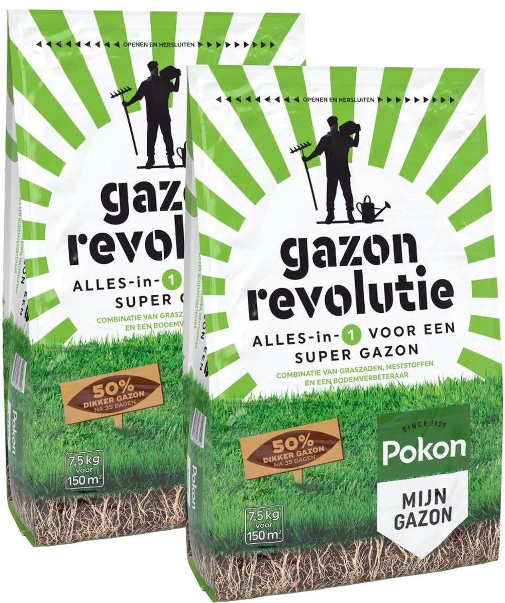 Pokon Gazon Revolutie - 2x7,5kg - Gazonmest / Graszaad / Bodemverbeteraar - Geschikt Voor 300m² - Binnen 15 Dagen Resultaat - Voordeelverpakking