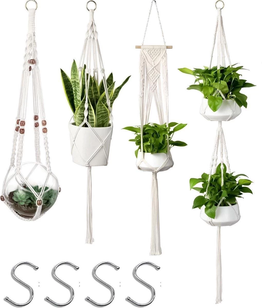 4 Stuks Plantenhangers - Boho Handgeweven Katoen Hangpot Voor Binnen/Buiten - Bloempot Met Kralen - Macramé Touw/Koord Hangplant Houder - Bohemian Wandhanger Decoratie - Verticale Tuin Plant Hanger Bloempothouder Planthanger Wit
