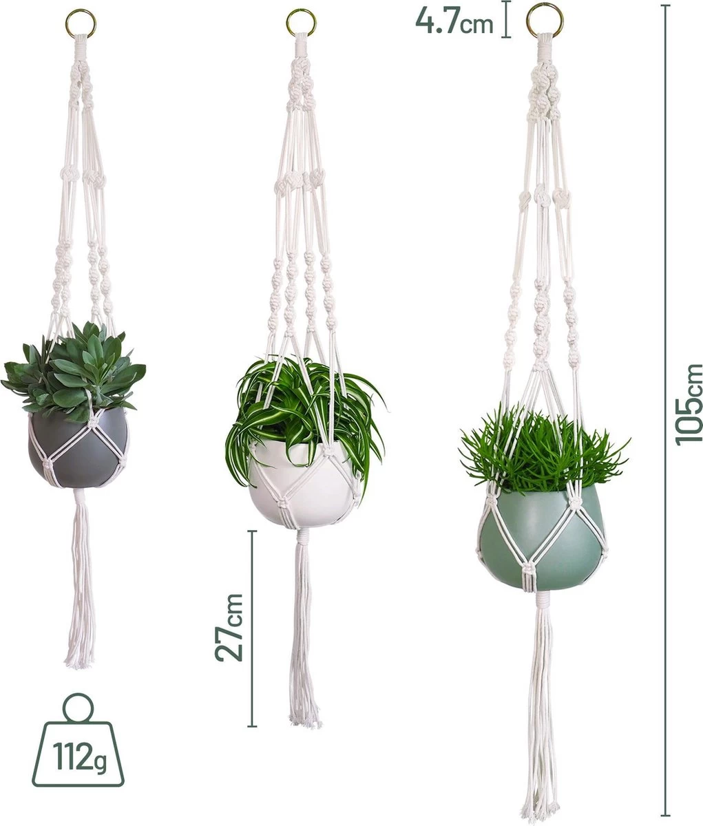 Gadgy Plantenhanger Macramé 3 Stuks - Luxe Gevlochten Touw Katoen - Plantenpot Ophangen - Hangpot - Afbeelding 5