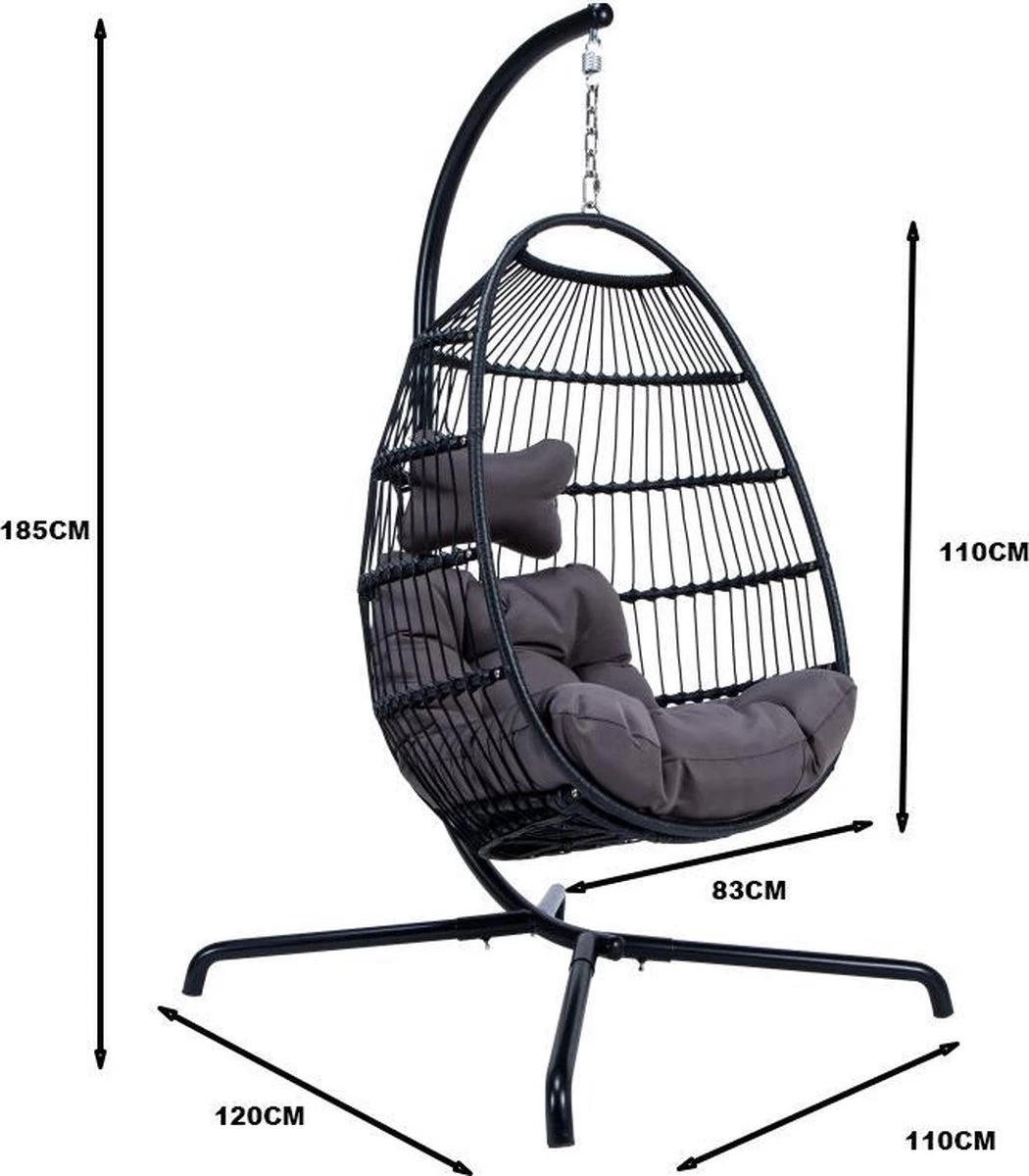 Merkloos Hangstoel Norway - Zwart Wicker & Touw Luxe Egg Hangstoel Met Dikke Antraciete Kussens Met Frame - Inklapbare Basket - Afbeelding 2