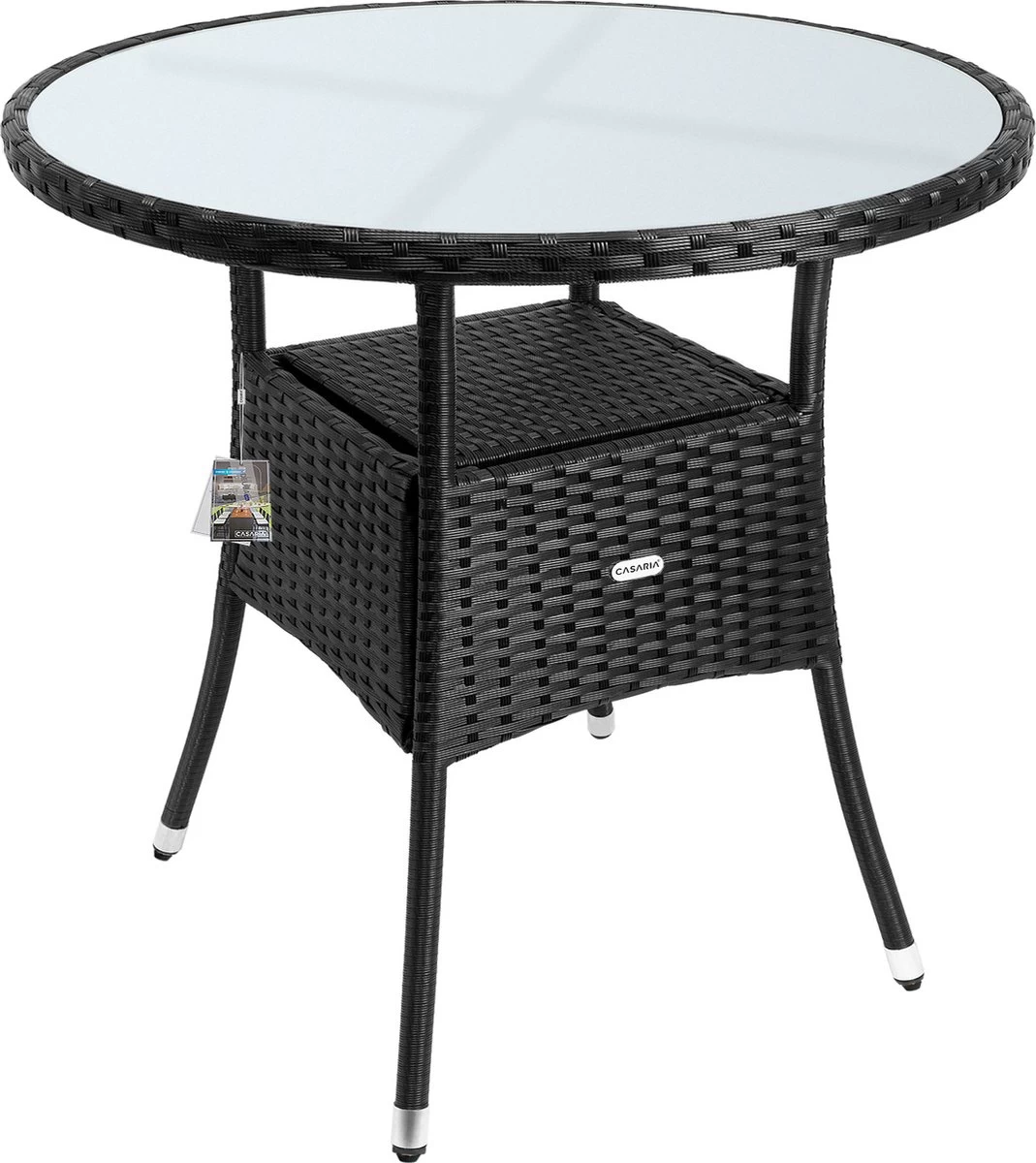 Casaria Polyrattan Bijzettafel 80cm Rond - 5mm Veiligheidsglas – Zwart