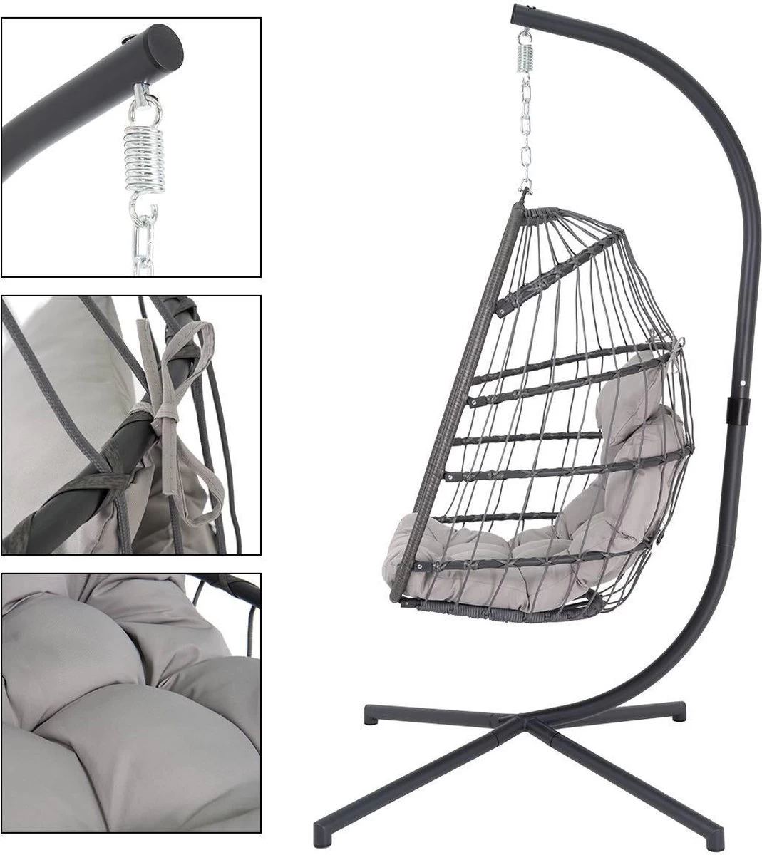 Pro Garden Lowander Hangstoel Egg 191x126x126- Schommelstoel Met Rattan Cocoon En Robuust Stalen Standaard Incl. Kussens - Volledig Inklapbaar - Lichtgrijs - Afbeelding 12