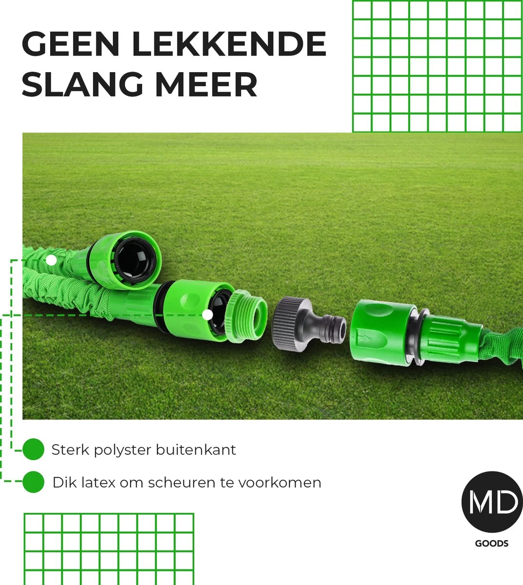 Uitrekbare Tuinslang Tot 15 Meter Van MD-goods ® - Tuinsproeier - Tuin Besproeien - Waterslang - Sproeikop - Groen - Flexibel Elastisch - Afbeelding 3