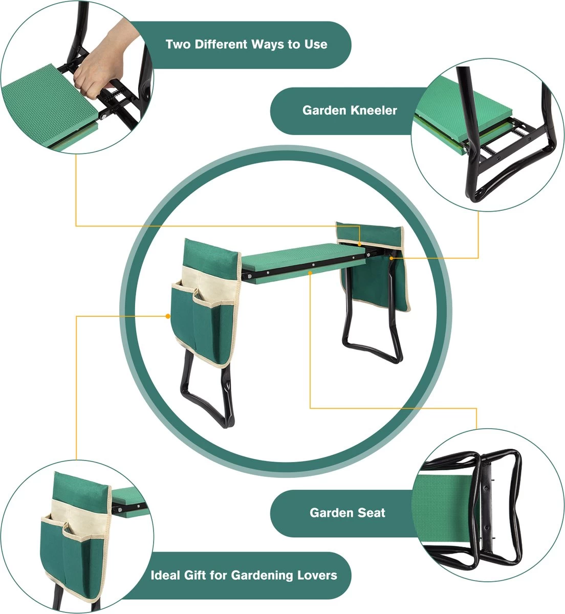 Uten - Kniebankje Tuin - Knie Steun - Tuinkruk Inklapbaar - Kniesteun Tuinieren - Kniekussen - Tot 150 Kg - Groen - Afbeelding 3