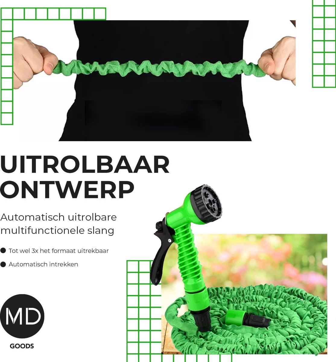 Uitrekbare Tuinslang Tot 15 Meter Van MD-goods ® - Tuinsproeier - Tuin Besproeien - Waterslang - Sproeikop - Groen - Flexibel Elastisch - Afbeelding 5