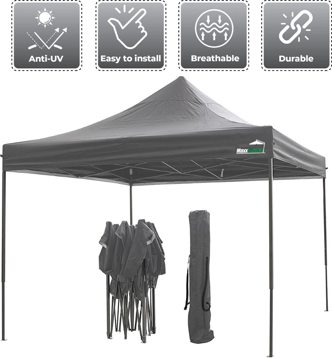 MaxxGarden Easy-up Partytent - 3x3m - Standaard - Waterdicht - Opvouwbaar - Inclusief Draagtas - Antraciet - Afbeelding 5
