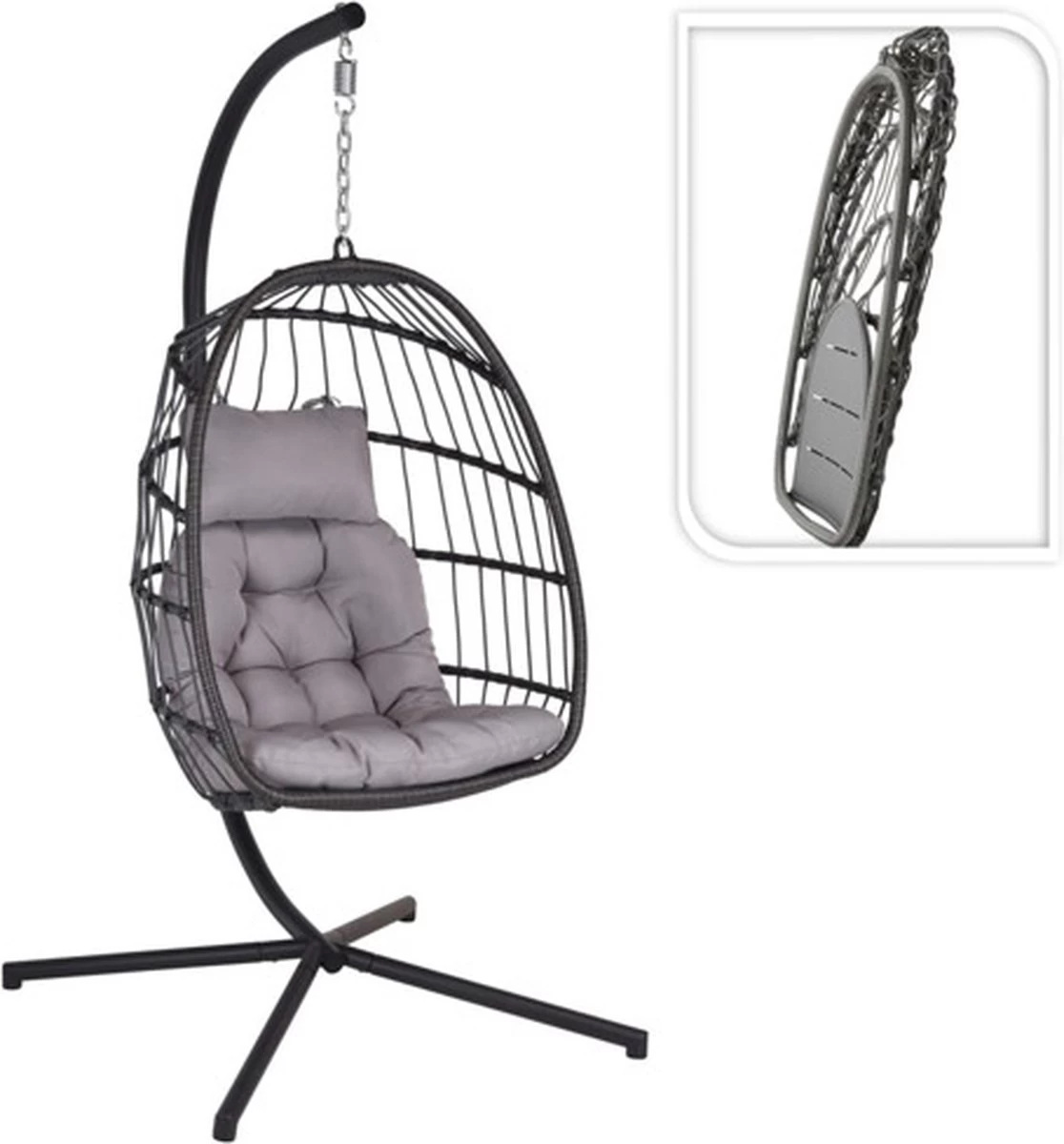 Pro Garden Lowander Hangstoel Egg 191x126x126- Schommelstoel Met Rattan Cocoon En Robuust Stalen Standaard Incl. Kussens - Volledig Inklapbaar - Lichtgrijs - Afbeelding 9