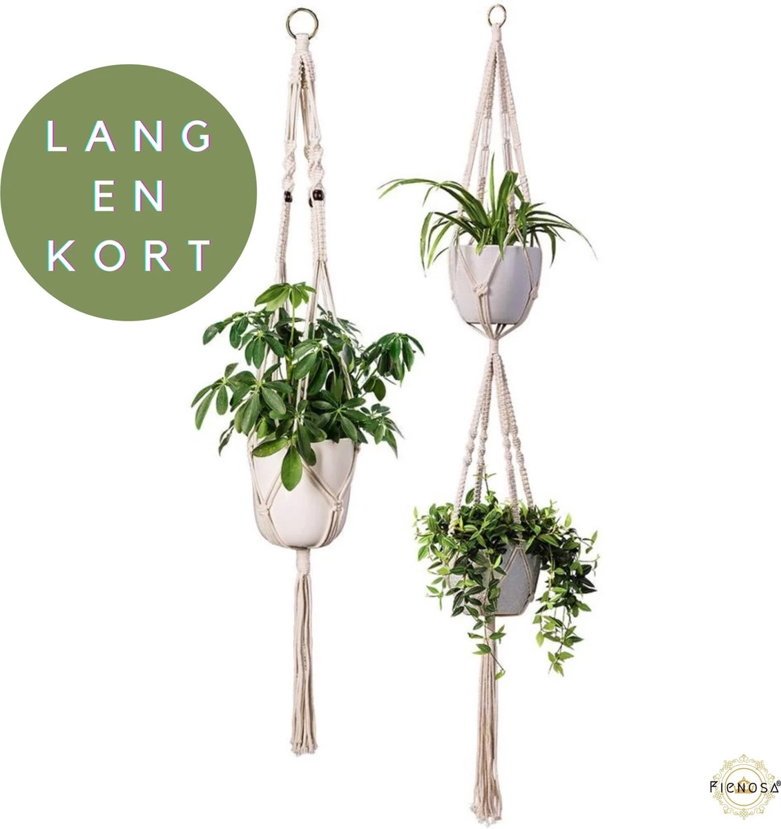 Plantenhanger Macrame Set Van 2 - Plantenhanger Met Ruimte Voor 3 Potten - Luxe Gevlochten Touw 100% Katoen - Duurzaam - Plantenbakken - Bloempotten - Macramé Stijl Hanger Voor Bloempotten - Hangpot - Fienosa - Afbeelding 3