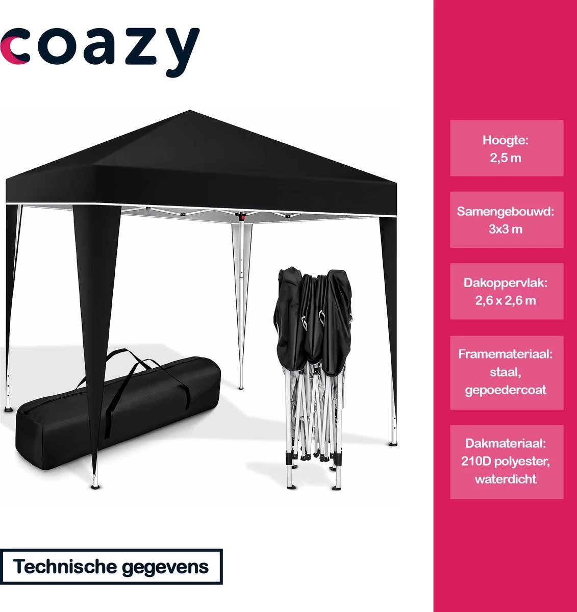 Coazy Waterdichte Partytent 3x3 Meter Opvouwbaar - Paviljoen - Easy Up - Pop-up Tent Met Haringen, Touw En Anti Slip Poten - Waterdicht - Partytenten Weerbestendig - Afbeelding 2