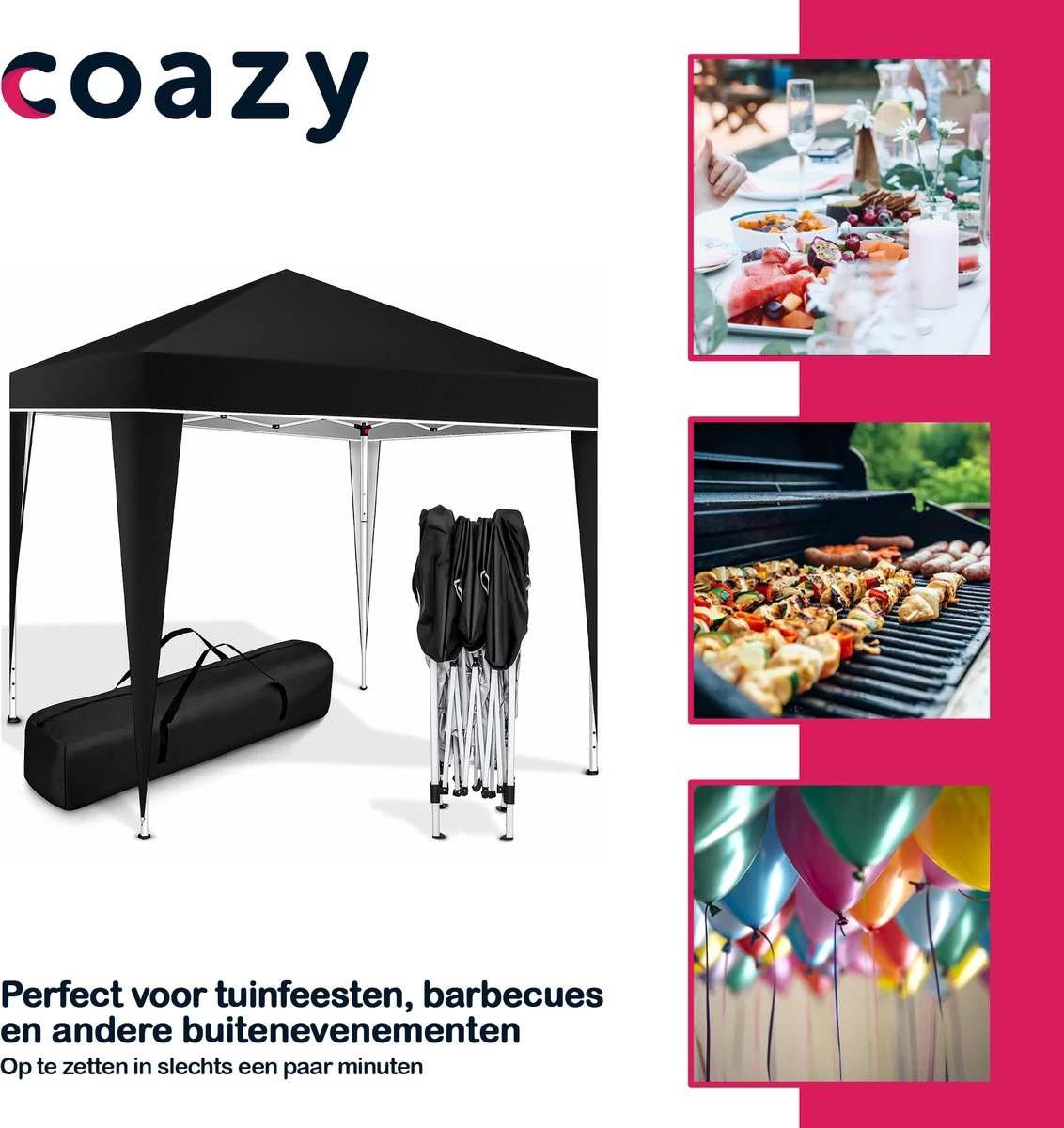 Coazy Waterdichte Partytent 3x3 Meter Opvouwbaar - Paviljoen - Easy Up - Pop-up Tent Met Haringen, Touw En Anti Slip Poten - Waterdicht - Partytenten Weerbestendig - Afbeelding 4