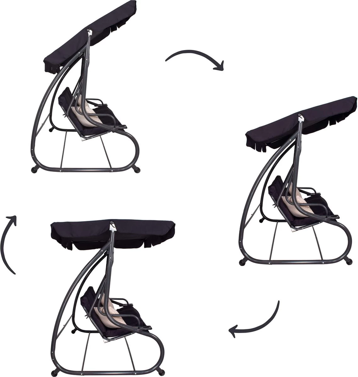 Springos Schommelbank | Linda-Schommel | 3-zits | Waterafstotend | Inclusief 2 Kussens | Verstelbare Luifel | 162 X 200 X 120 Cm | Zwart - Afbeelding 14