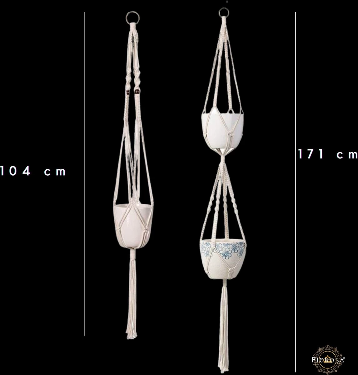 Plantenhanger Macrame Set Van 2 - Plantenhanger Met Ruimte Voor 3 Potten - Luxe Gevlochten Touw 100% Katoen - Duurzaam - Plantenbakken - Bloempotten - Macramé Stijl Hanger Voor Bloempotten - Hangpot - Fienosa - Afbeelding 6