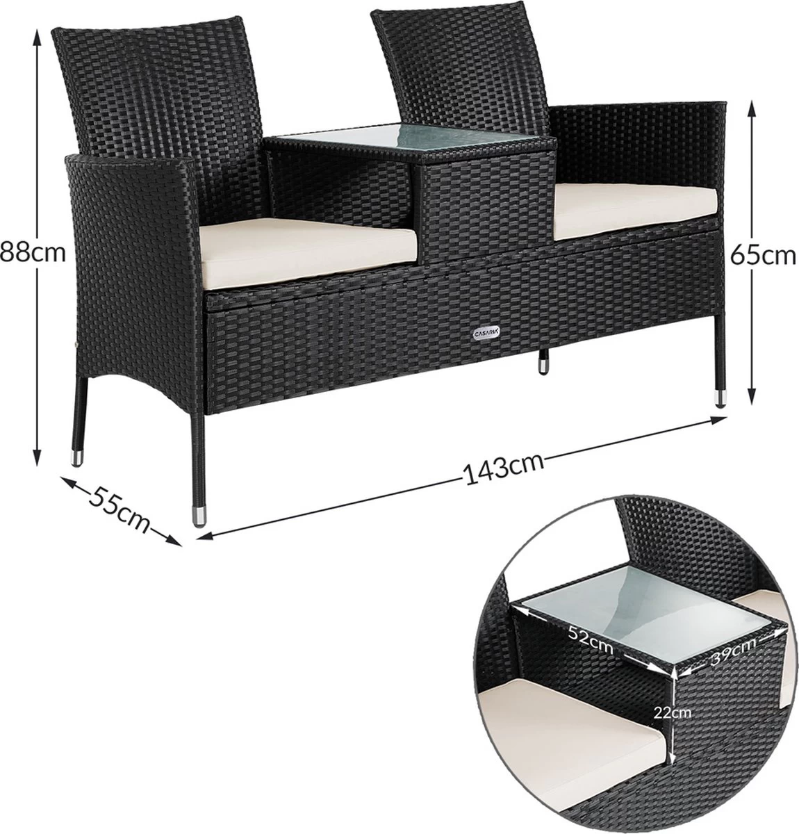 Casaria Polyrattan Tuinbank - Incl. Kussen - 143x55x88 Cm Zwart - Afbeelding 3
