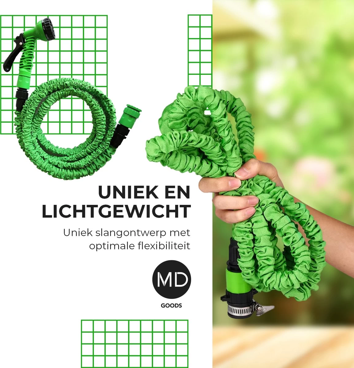 Uitrekbare Tuinslang Tot 15 Meter Van MD-goods ® - Tuinsproeier - Tuin Besproeien - Waterslang - Sproeikop - Groen - Flexibel Elastisch - Afbeelding 7