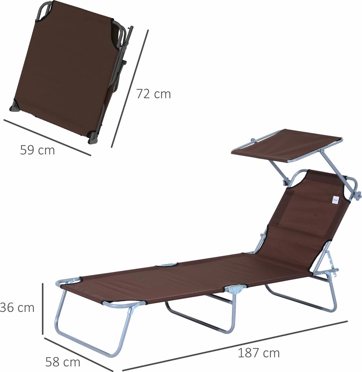 Outsunny Ligstoel Ligbank Voor Buiten Ligstoel Voor Op Het Strand Inklapbaar Met Zonnedak 3 Kleuren 84B-001 - Afbeelding 5