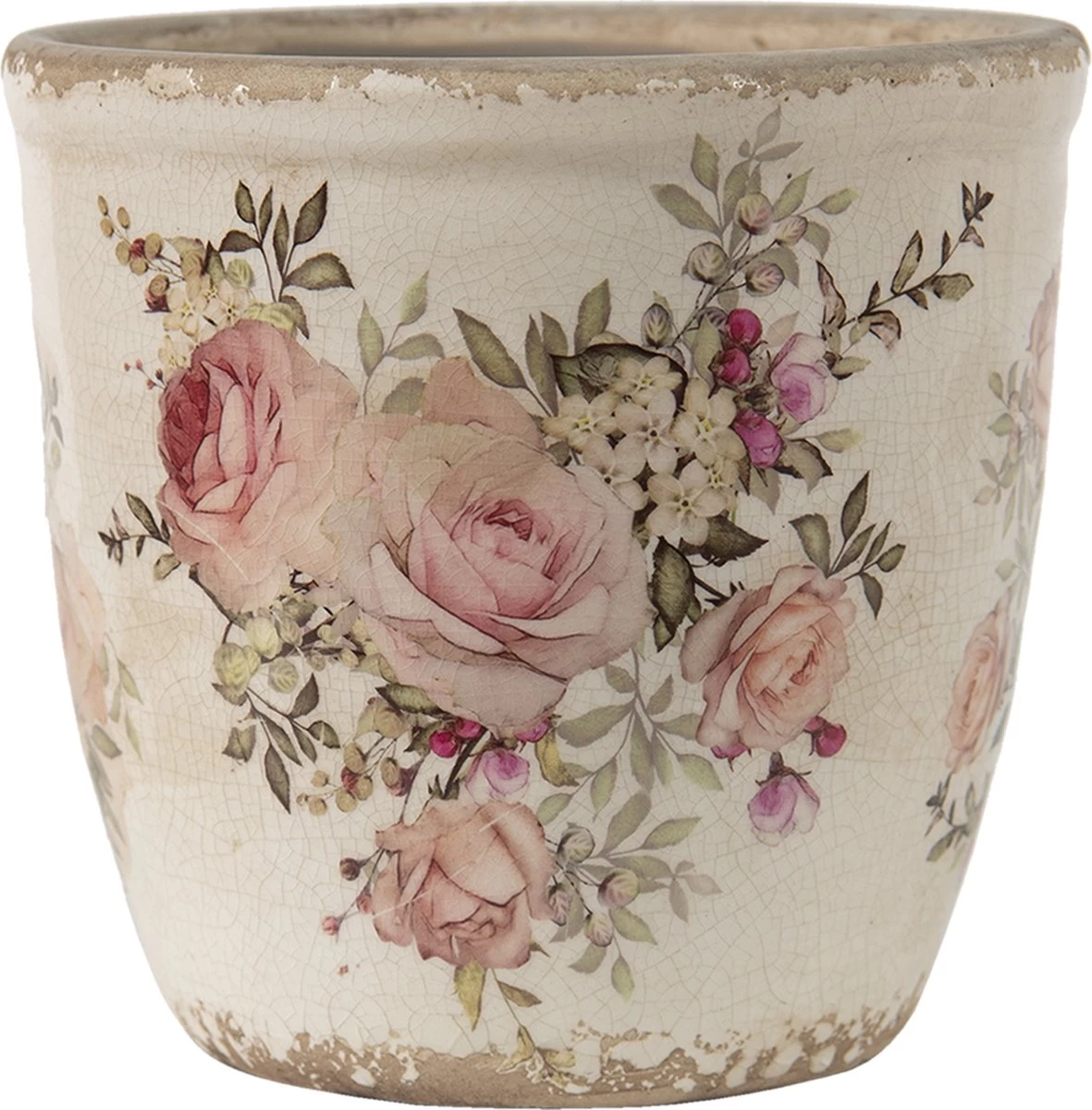 Clayre & Eef Bloempot Ø 11x10 Cm Roze Beige Keramiek Rond Bloemen Bloempot Binnen Plantenpot Plant Pot