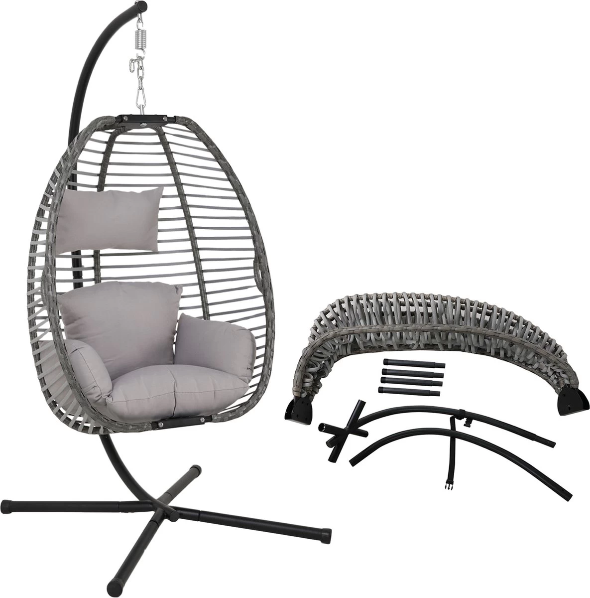 Pro Garden Lowander Hangstoel Egg 191x126x126- Schommelstoel Met Rattan Cocoon En Robuust Stalen Standaard Incl. Kussens - Volledig Inklapbaar - Lichtgrijs - Afbeelding 3