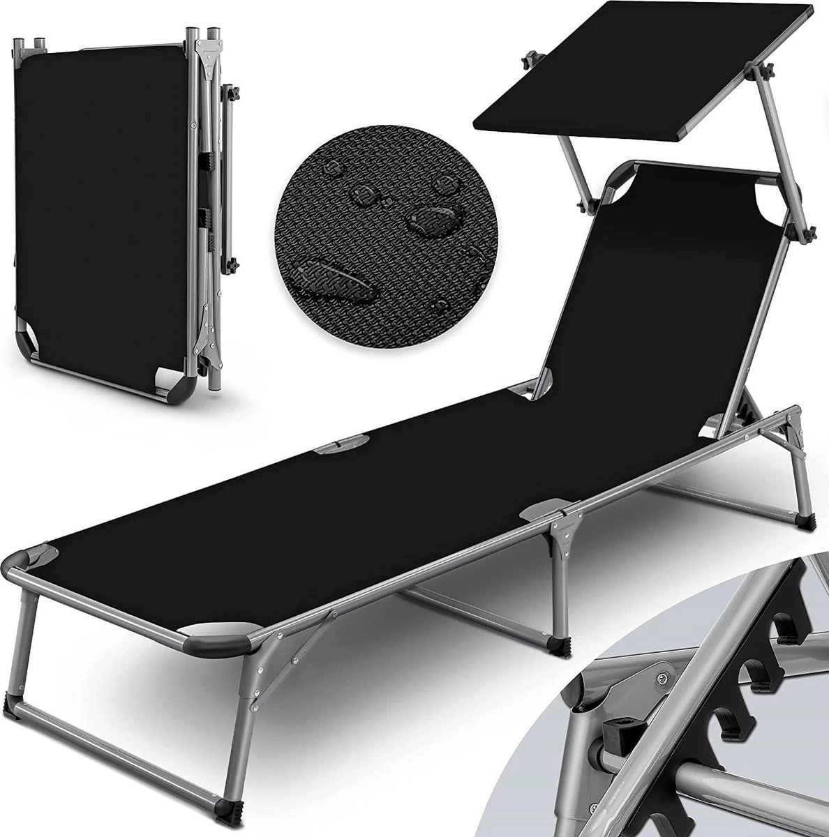 Sens Design Zonnebed - Ligbed Inklapbaar Met Zonneklep - Zwart