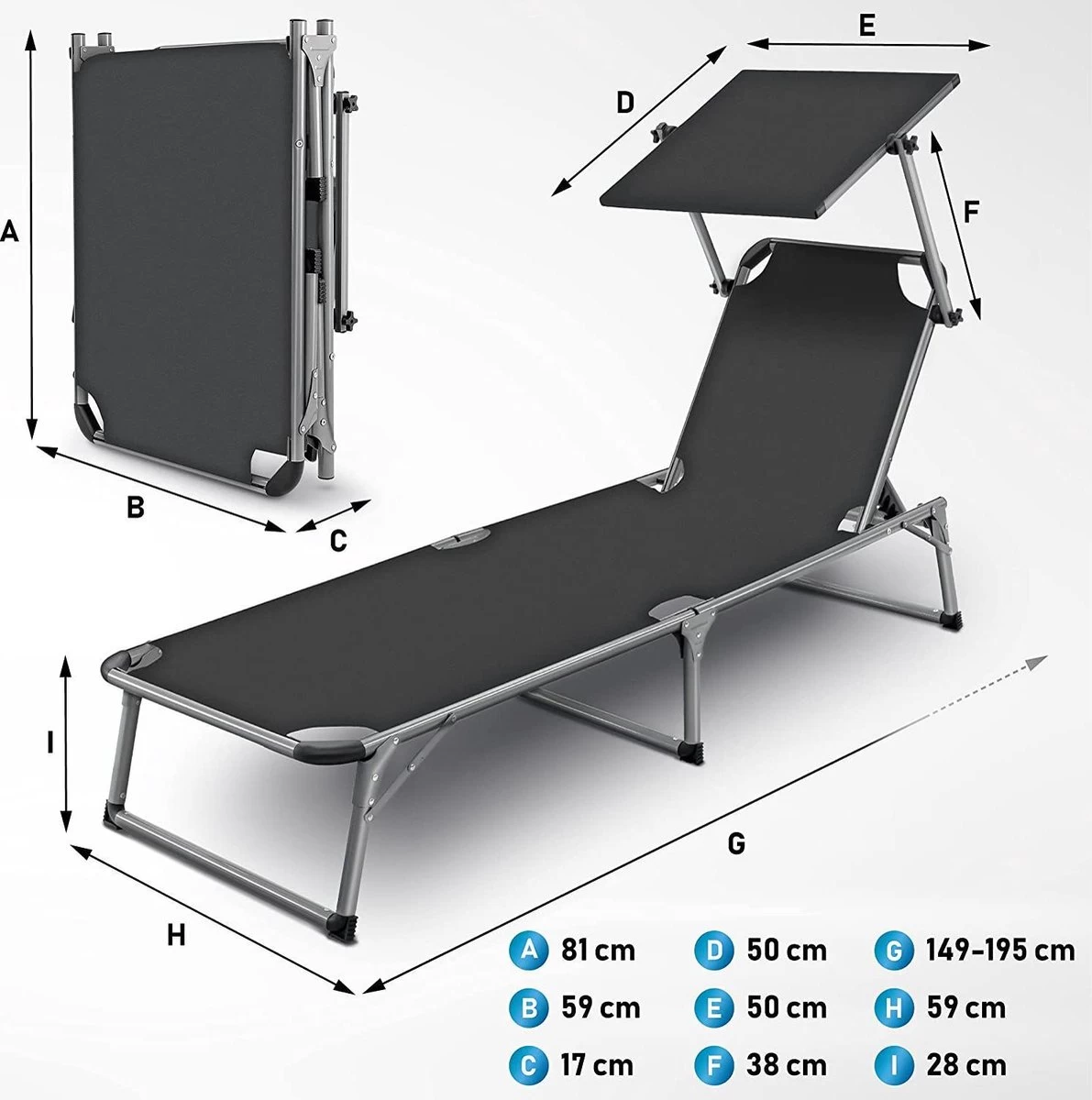 Sens Design Zonnebed - Ligbed Inklapbaar Met Zonneklep - Grijs - Afbeelding 5