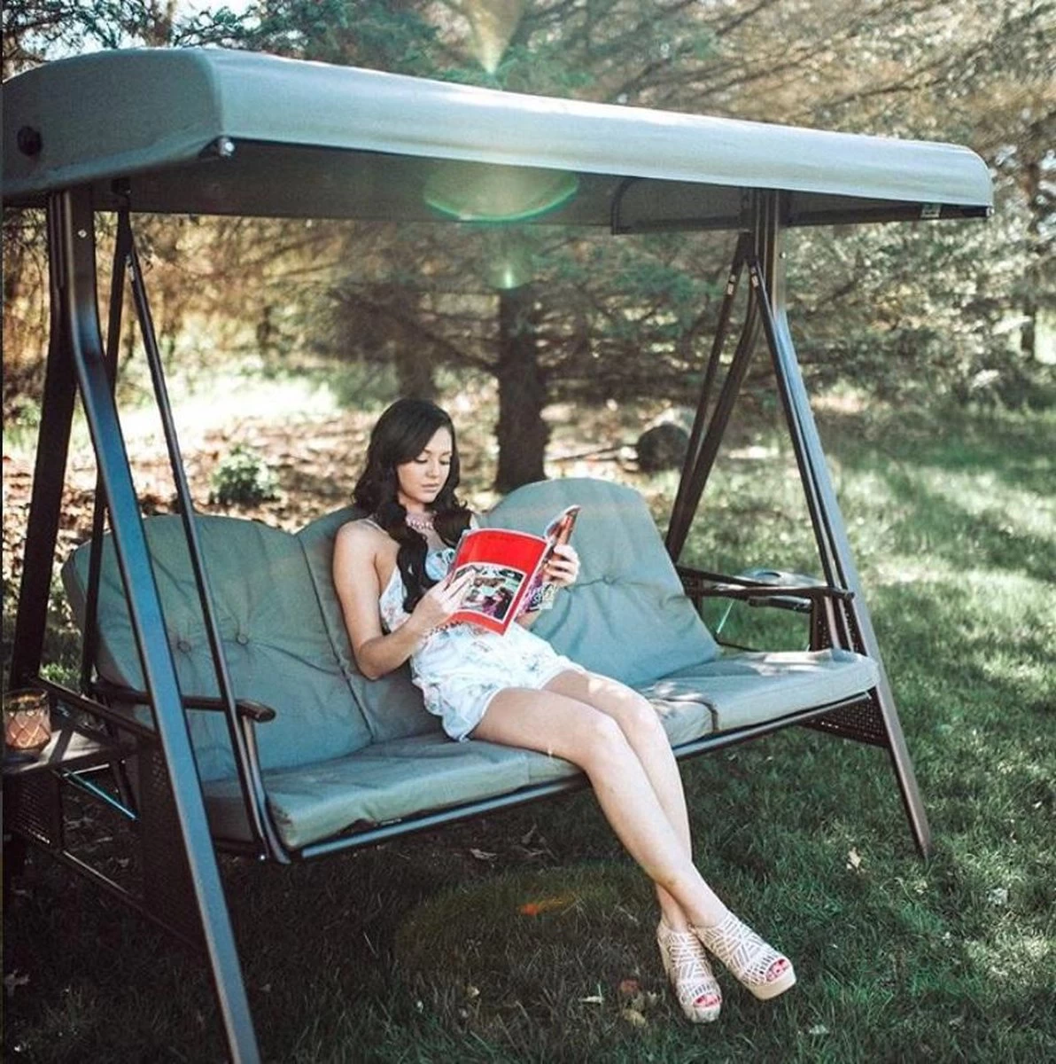 SORARA® Luxe Schommelbank Met Zonnescherm - Bruin - Zware Kwaliteit. - Afbeelding 7