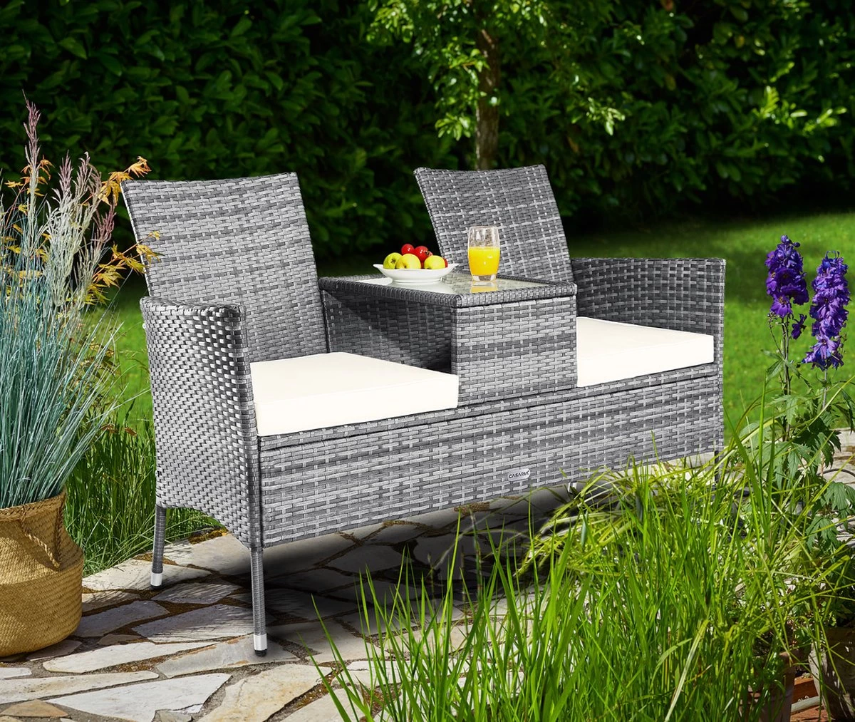 Casaria Polyrattan Tuinbank - Incl. Tafel & Kussens 7 Cm - Grijs - Afbeelding 4