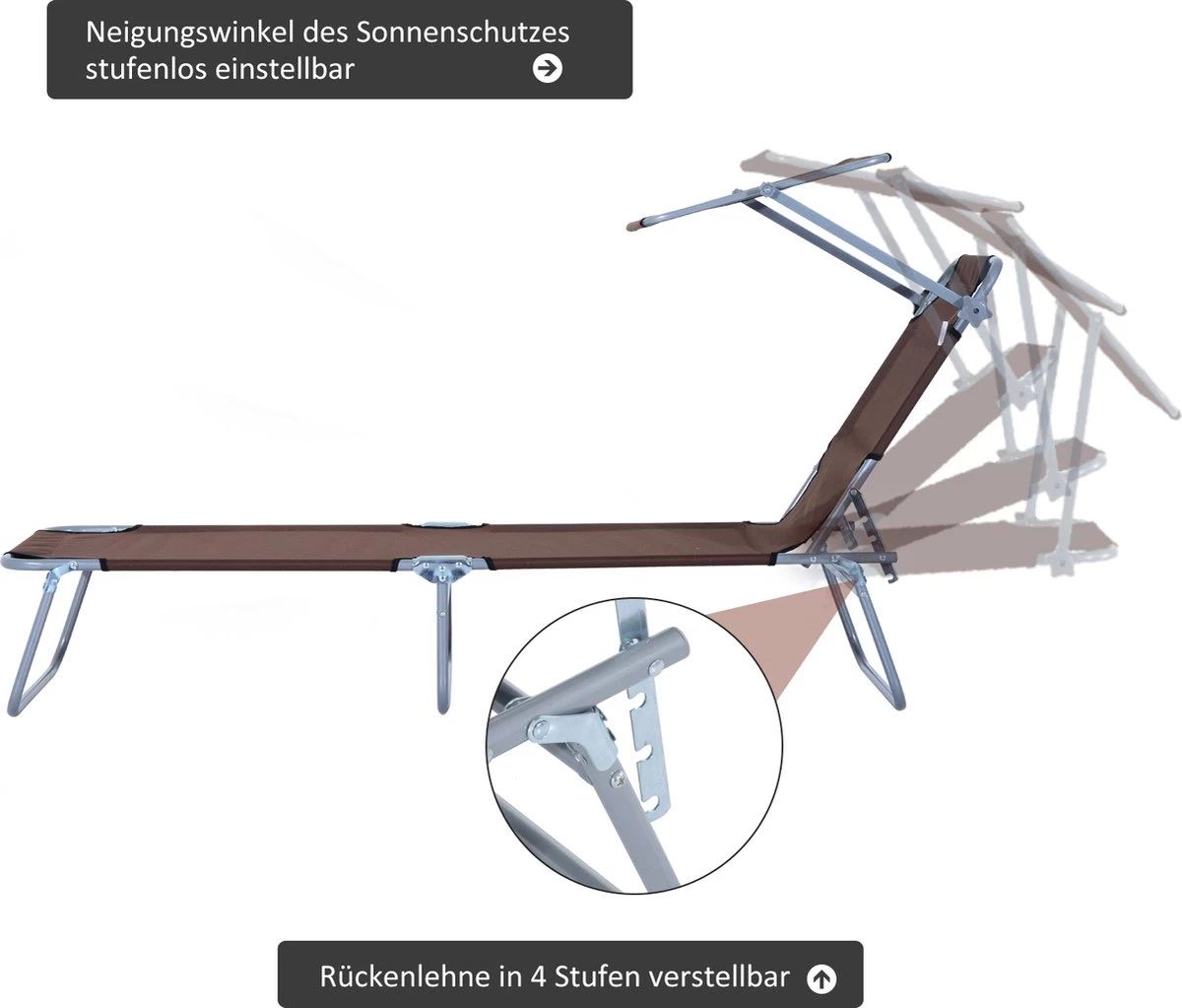Outsunny Ligstoel Ligbank Voor Buiten Ligstoel Voor Op Het Strand Inklapbaar Met Zonnedak 3 Kleuren 84B-001 - Afbeelding 2