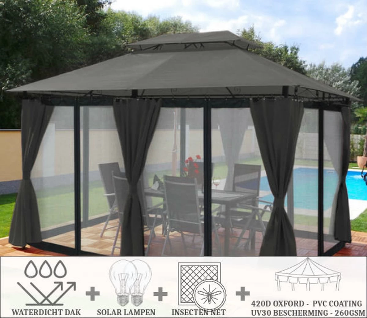 El Jardin - Partytent - 4x3 - Waterdicht Dak - Wanden - Solar - Antraciet Paviljoen - Afbeelding 2
