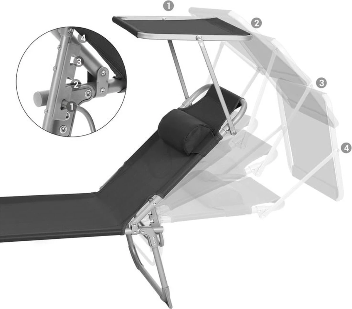 Ligstoel Met Hoofdsteun En Zon Bescherming Verstelbare Rugleuning Inklapbaar Donker Grijs Ligbed Tuin - Afbeelding 5