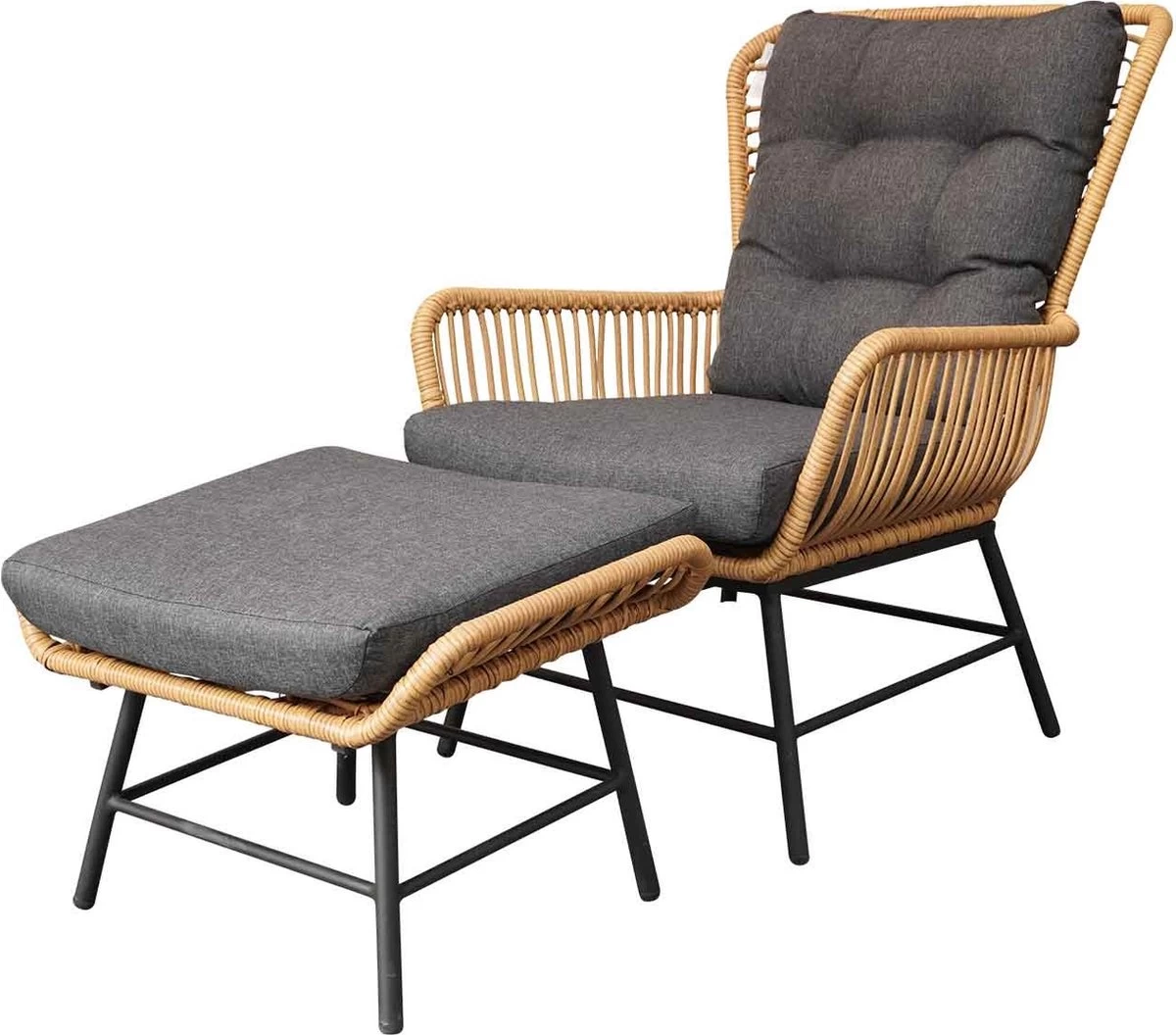 BUITEN Living Dex Wicker Loungestoel Tuin Incl. Wicker Voetenbank | Wicker + Aluminium | Bamboe Antraciet - Afbeelding 4