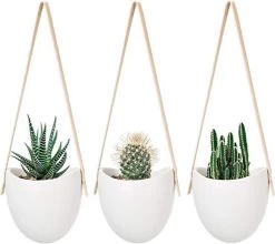 Merkloos Plantenhanger Keramiek – Set Van 3 – Steen- Hangpot – Hangende Bloempot Plantenpot Met 3 Verschillende Koorden – 12 X 11 X 9.5 Cm