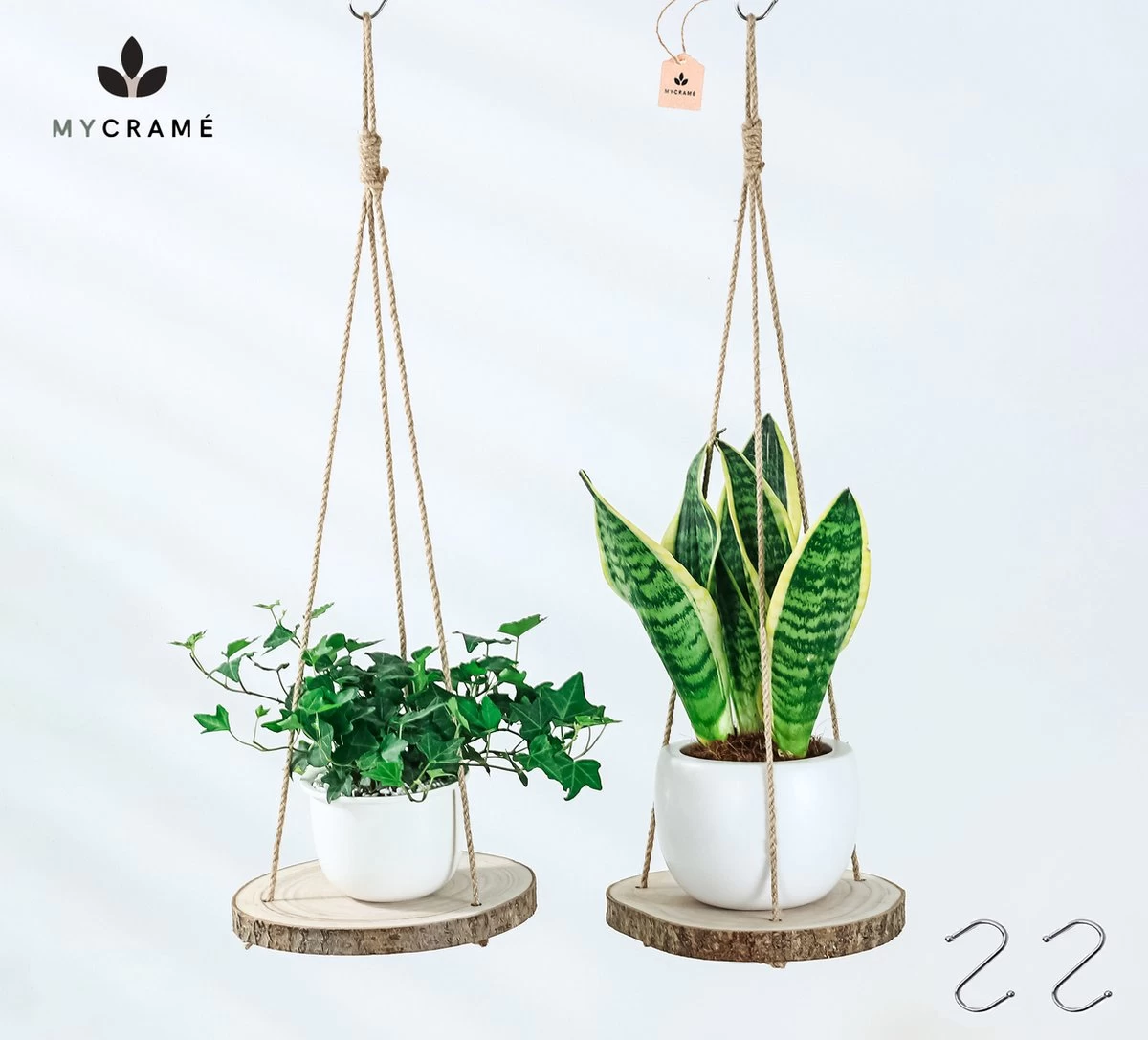 Set Van 2 Boomstam Rond Wandrek Plantenhangers - Boho Jute Houten Plantenrek - Hangpot Voor Binnen/Buiten - Hangende Bloempot Plank - Hangplant Houder - Bohemian Macrame Stijl Wandhanger - Hangplank Plant Hanger - Planthanger - Ø Rond 25-20cm - Afbeelding 2