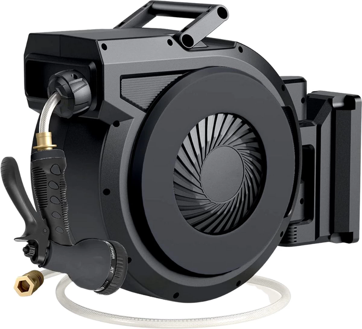 Buxibo - Wandslangenbox 20 Meter + 2 Meter - Tuinslang Met Haspel - 9 Sproei Standen - Slangenhouder 180° Draaibaar - Tuinslanghaspel Zwart+ Gratis Sproeier - Zwart