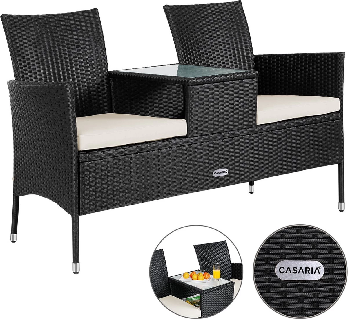 Casaria Polyrattan Tuinbank - Incl. Kussen - 143x55x88 Cm Zwart - Afbeelding 7