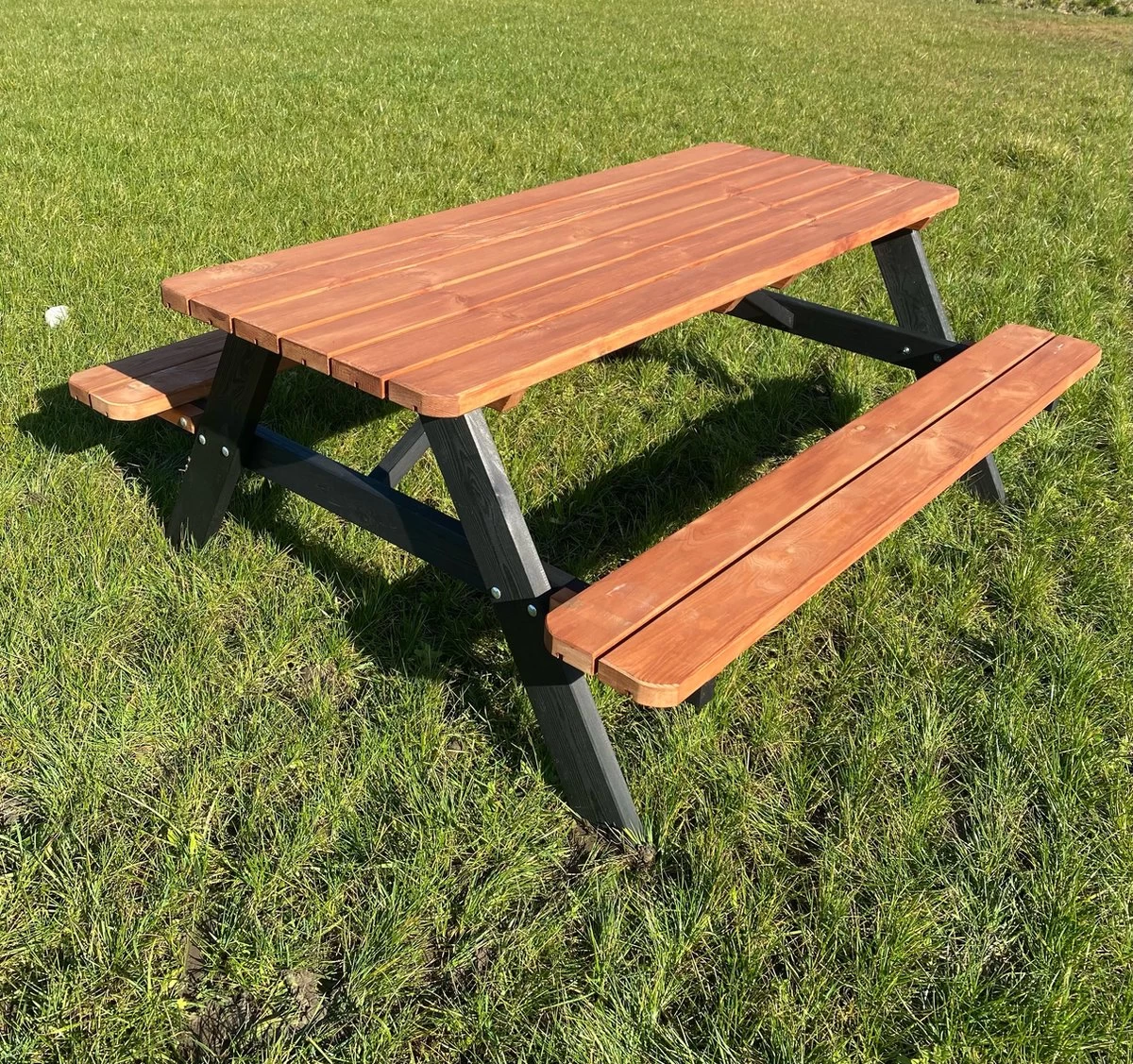 Goedkopepicknicktafels.nl | Zwart Bruine XL Picknicktafel Bruno | Tuintafel 6 Persoons | Bruin Zwart Gespoten Gedroogd Grenen Hout! - Afbeelding 3