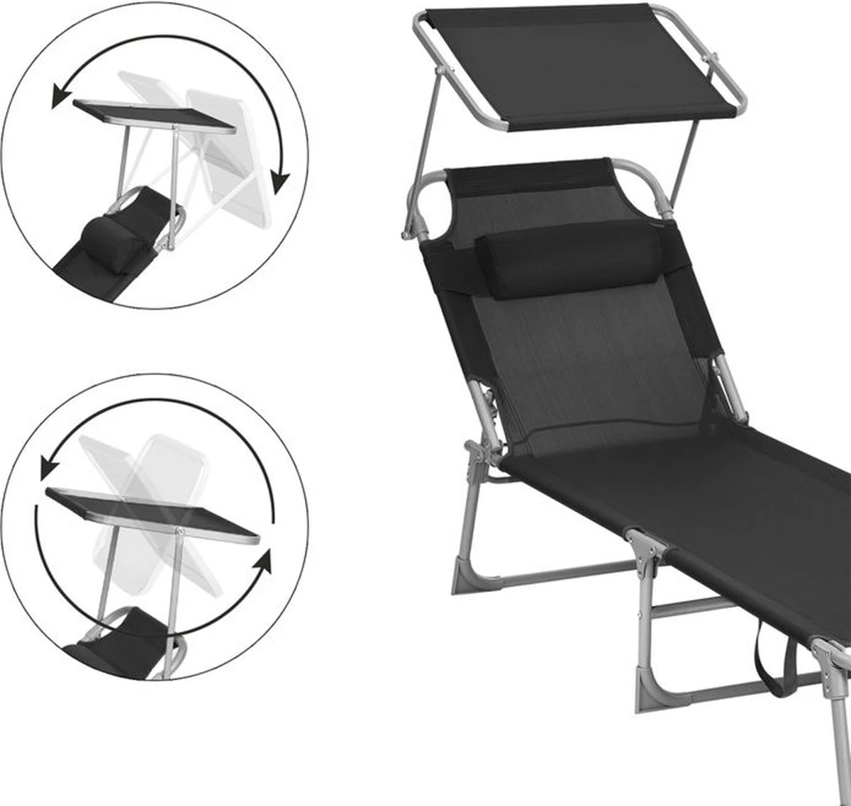 Ligstoel Met Hoofdsteun En Zon Bescherming Verstelbare Rugleuning Inklapbaar Donker Grijs Ligbed Tuin - Afbeelding 3