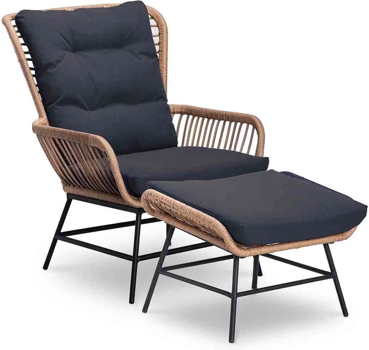 BUITEN Living Dex Wicker Loungestoel Tuin Incl. Wicker Voetenbank | Wicker + Aluminium | Bamboe Antraciet - Afbeelding 9