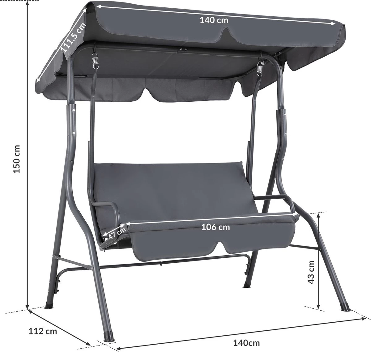 Merkloos Casaria Hollywood Schommel - Antraciet - Incl. Zonnekap - Afbeelding 3