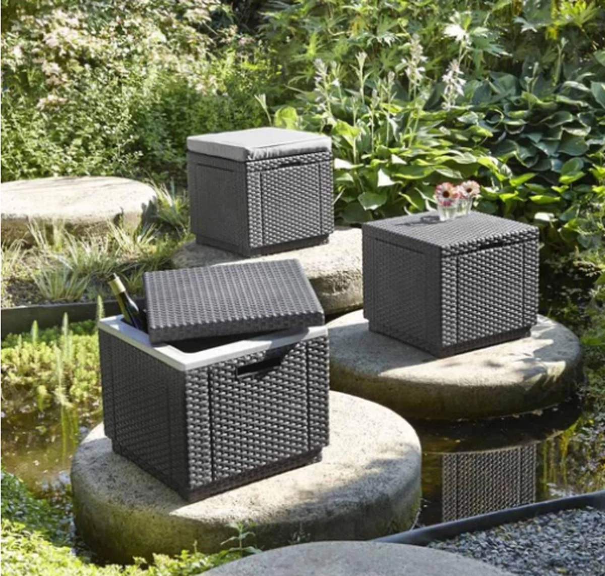 Allibert Opbergpoef Met Deksel - Opbergbox - Bijzettafel Buiten - Tafel - Tuintafel - Opberger - Afbeelding 2