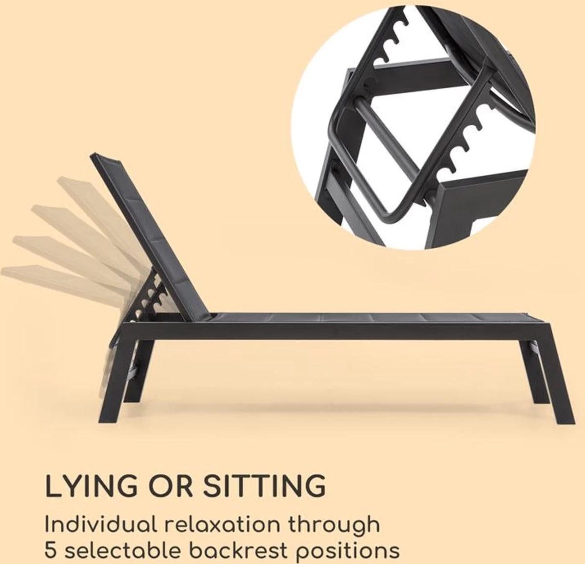 Blumfeldt Renazzo Lounge Ligstoel - Ligbed Voor De Tuin - Aluminium Tuinstoel - 6 Standen - Waterafstotend - Bekleding Van 70 % Pvc En 30 % Polyetheen - Zwart - Afbeelding 7