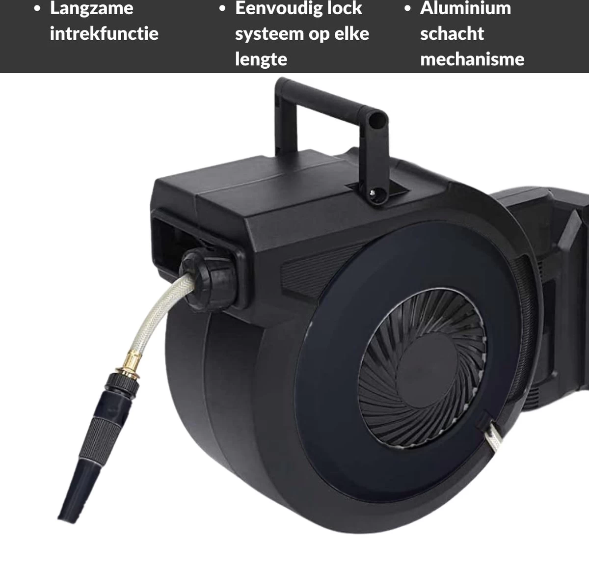 Buxibo - Wandslangenbox 20 Meter + 2 Meter - Tuinslang Met Haspel - 9 Sproei Standen - Slangenhouder 180° Draaibaar - Tuinslanghaspel Zwart+ Gratis Sproeier - Zwart - Afbeelding 16