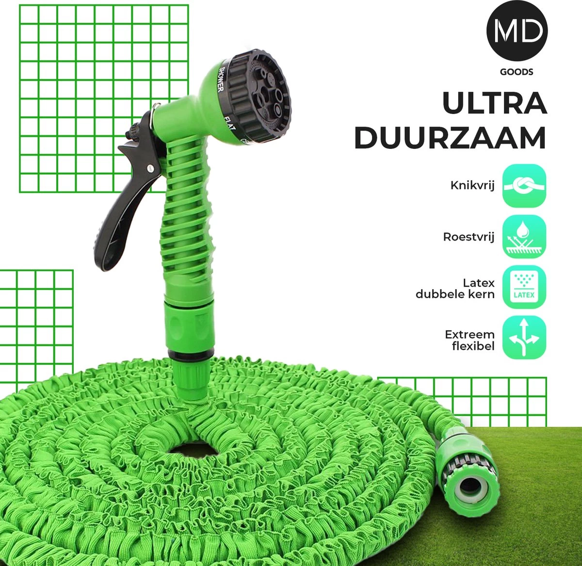 Uitrekbare Tuinslang Tot 15 Meter Van MD-goods ® - Tuinsproeier - Tuin Besproeien - Waterslang - Sproeikop - Groen - Flexibel Elastisch - Afbeelding 2