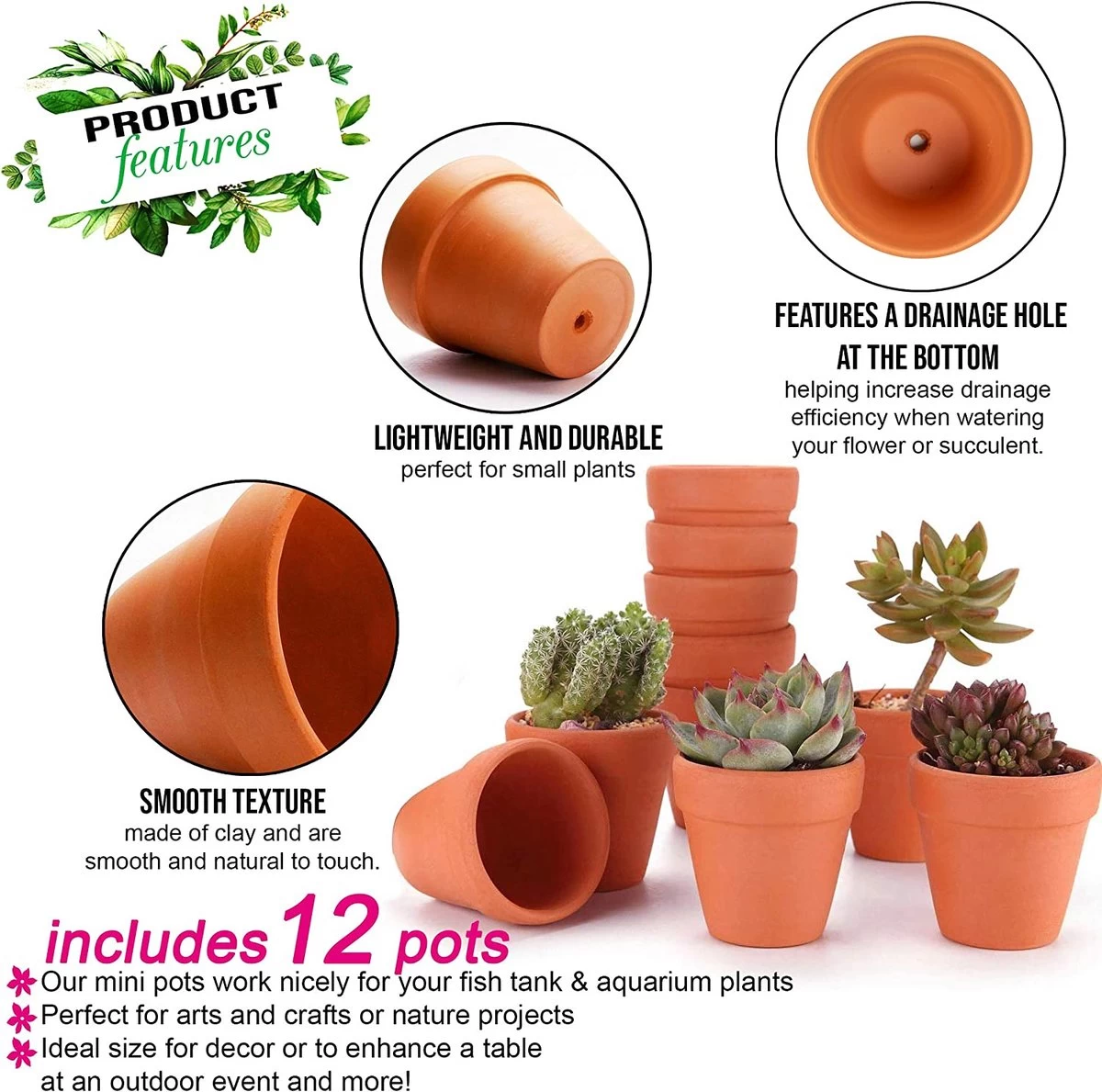 Garden Mania - 12 Mini Terracotta Keramische Klei Bloempotten Met Afvoergat, 8cm - Afbeelding 3