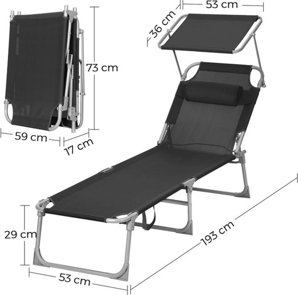 Ligstoel Met Hoofdsteun En Zon Bescherming Verstelbare Rugleuning Inklapbaar Donker Grijs Ligbed Tuin - Afbeelding 9