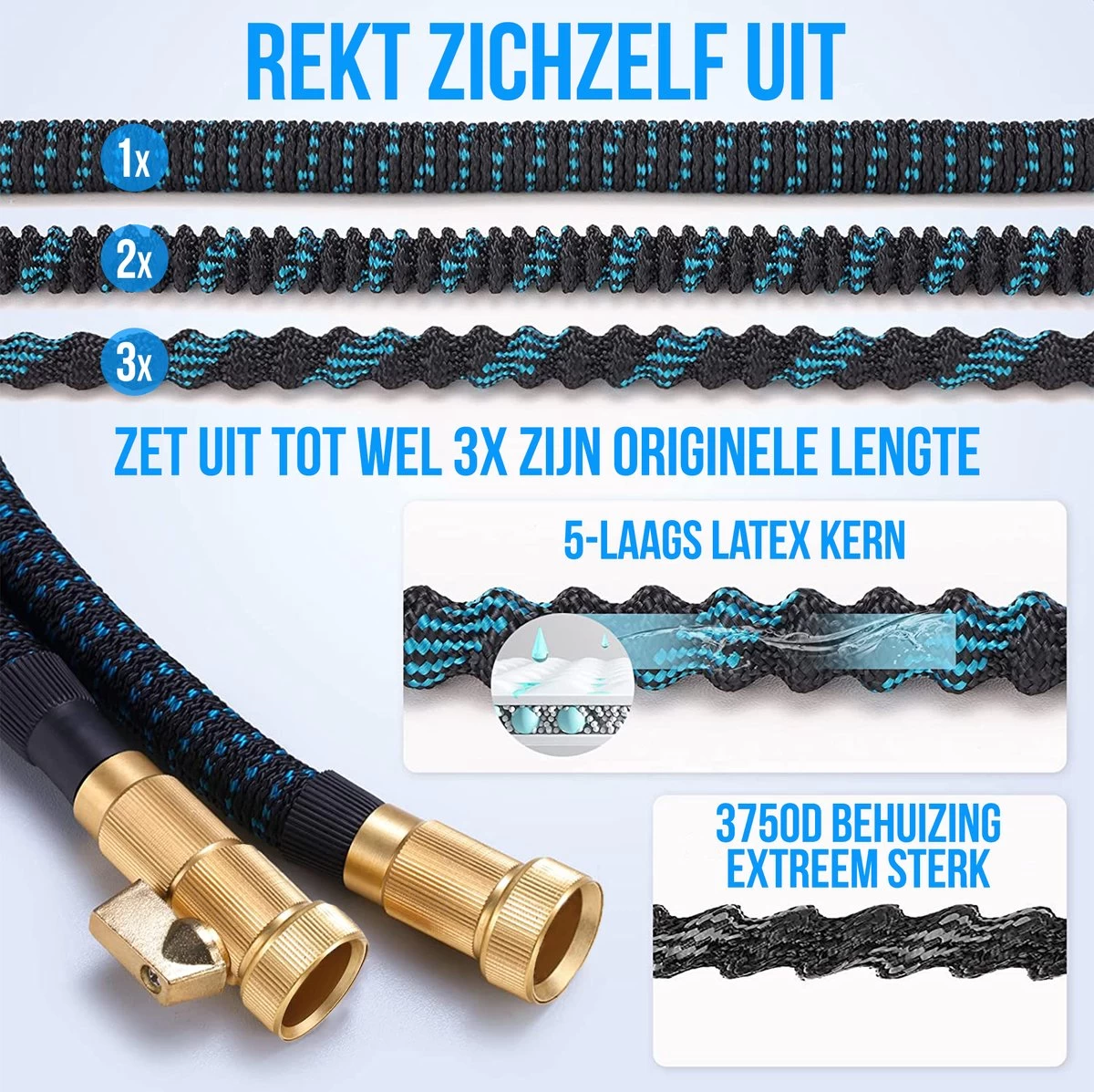 Strex Flexibele Tuinslang 15M Met Sproeikop - Uitrekbaar - Incl. Koppelingen, Ophanghaak & Opbergzak - Afbeelding 3