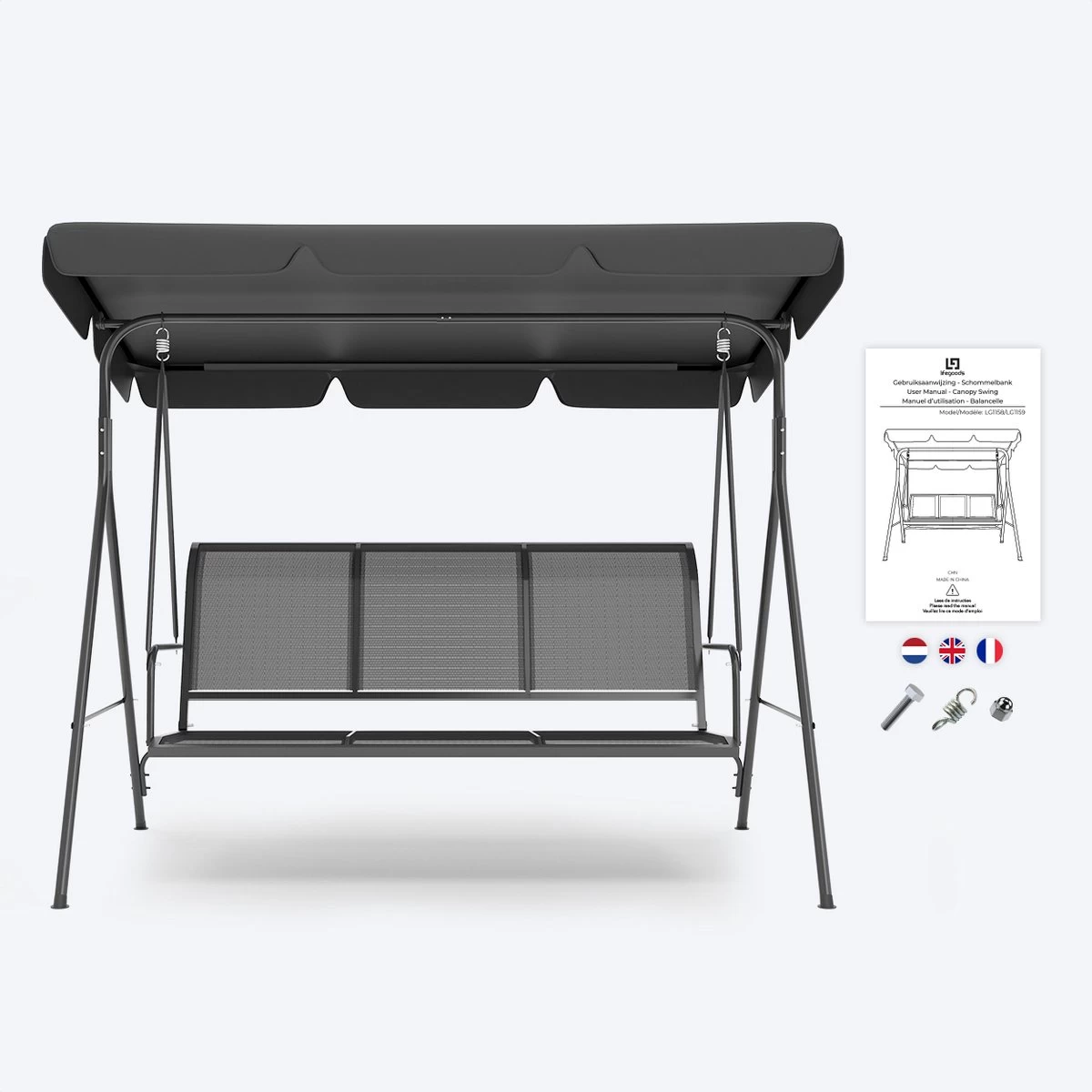 LifeGoods Schommelbank - 3-zits - Tot 250KG - Kantelbaar Dak - UV-bestendig Zonnescherm - 172x104x162cm - Grijs - Afbeelding 7