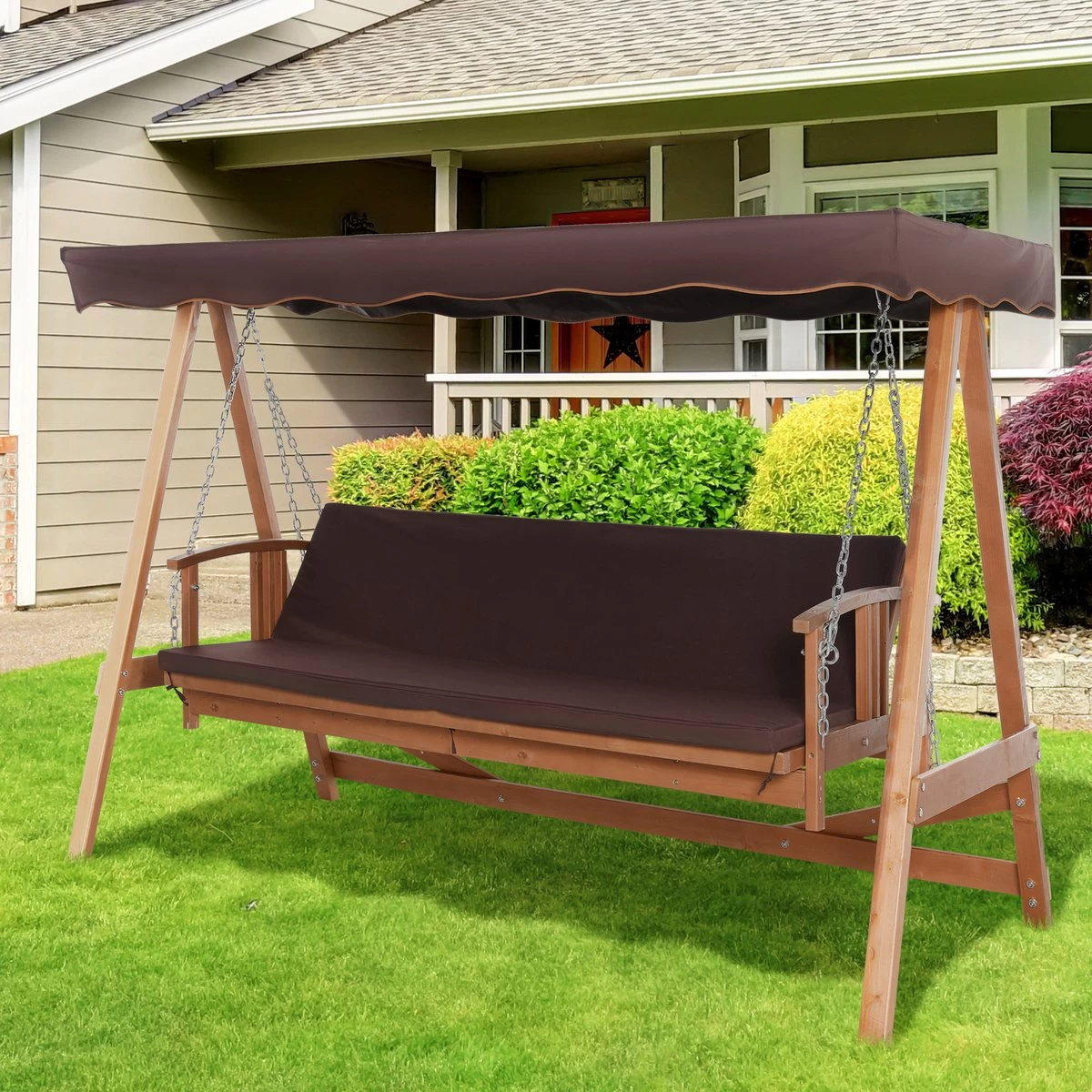 Outsunny Hollywoodschommel Hout Tuinschommel Schommelbank Ligfunctie 3 Personen 84A-185 - Afbeelding 7