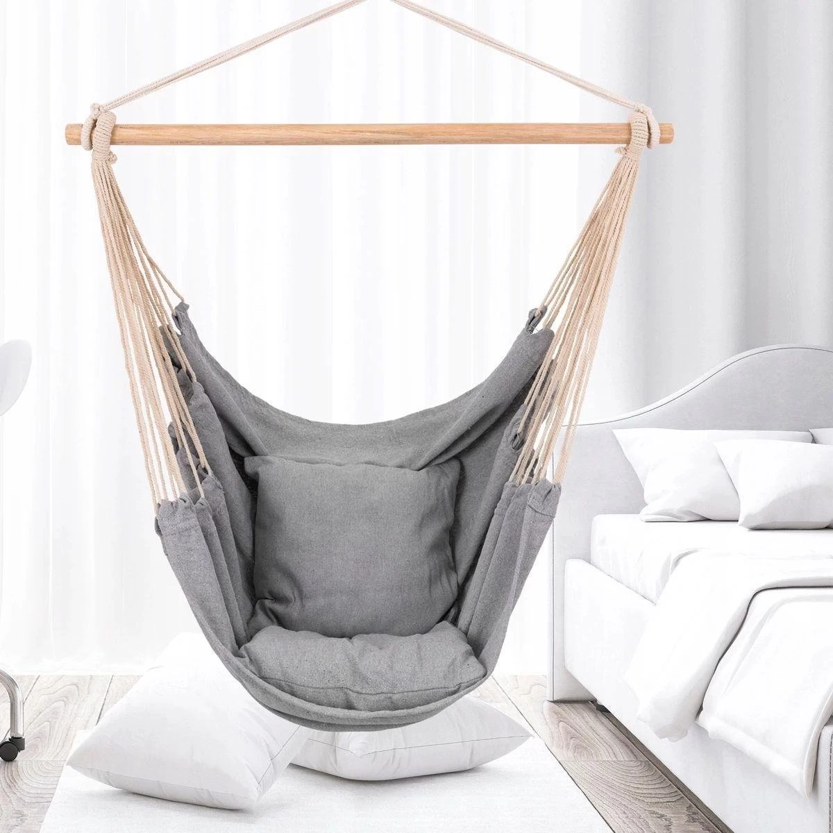 RENALUX Hangstoel Buiten En Binnen - Hangstoel Voor Binnen - Hangstoel Zonder Standaard - Hangstoel Cocoon - Gratis 2 Zachte Kussens - 150 KG - Grijs - Afbeelding 2