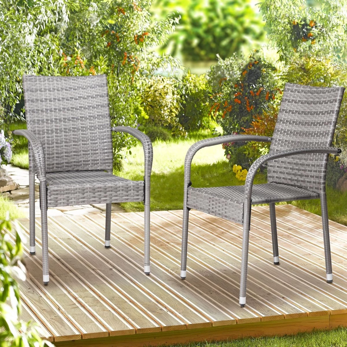Casaria Polyrattan Tuinstoelen – 4 Stuks Stapelbaar – Grijs - Afbeelding 4