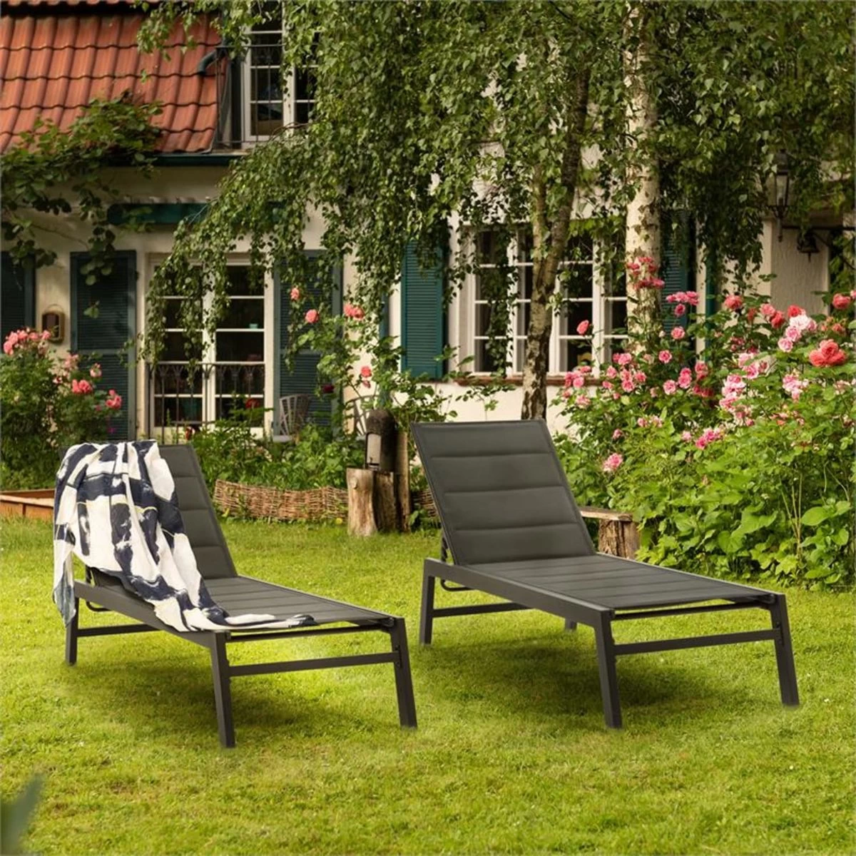 Blumfeldt Renazzo Lounge Ligstoel - Ligbed Voor De Tuin - Aluminium Tuinstoel - 6 Standen - Waterafstotend - Bekleding Van 70 % Pvc En 30 % Polyetheen - Zwart - Afbeelding 5