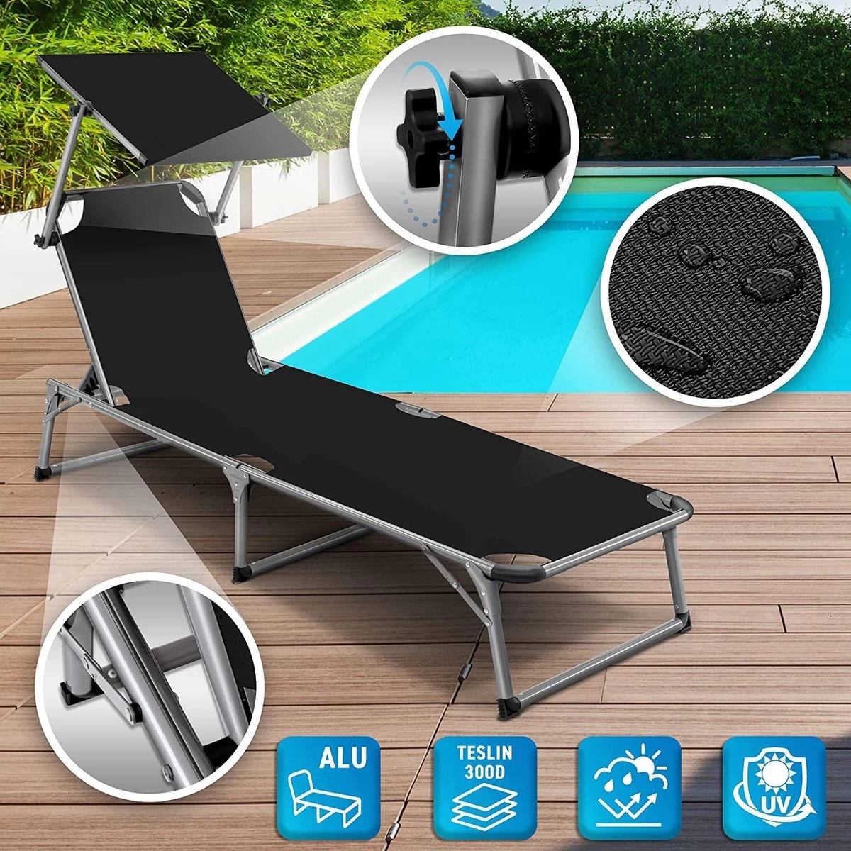 Sens Design Zonnebed - Ligbed Inklapbaar Met Zonneklep - Zwart - Afbeelding 5